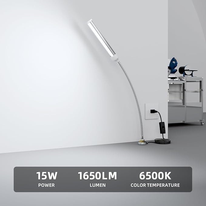 LED Magnetic Work Light, 15W high Brightness,Flexible Gooseneck lamp with Strong Magnetic Base for Lathe Milling Drill Press Industrial 1500lums Lighting 110-230V