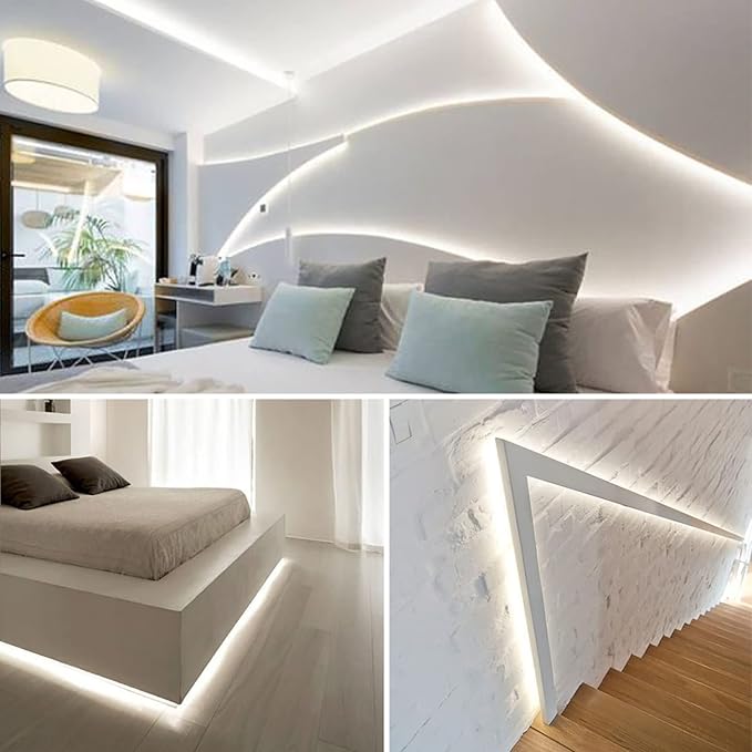 KOPMHYE 5M Dimmable LED Strip Lights Kits, 12V Tape Light, 300 2835 LED, 16.4ft 6000K Daylight White Ribbon with Power Adapter, Light Strips for Under Bed, Vanity Mirror, Cabinet, Non-Waterproof