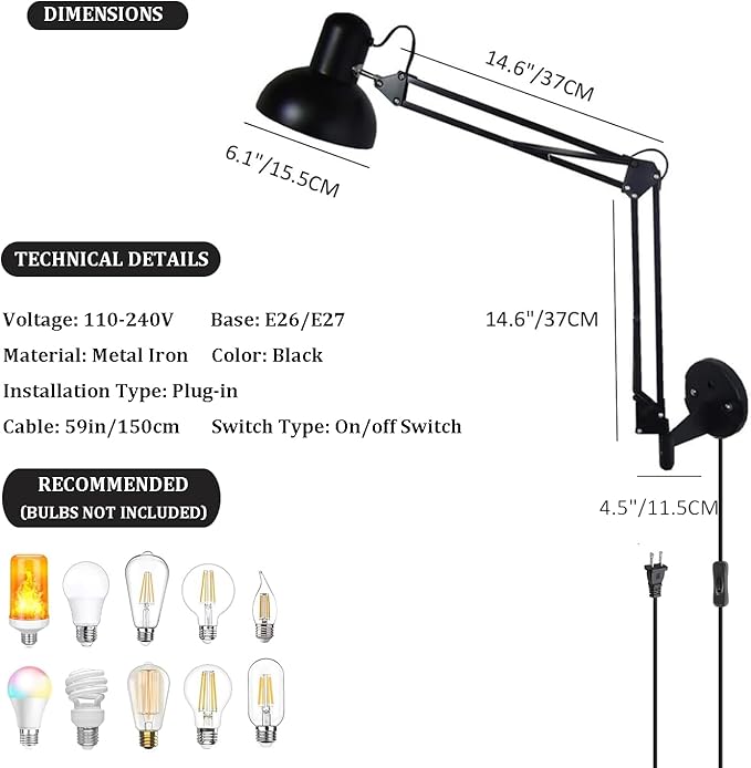 Black Industrial Swing Arm Wall Light Nordic Adjustable Long Arm Wall Sconces Lamp Metal Double-arms Folding Architect Work Wall Mount Lighting for Bedroom Reading Living Room