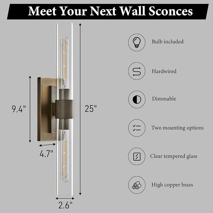 Linear Brass Bathroom Wall Sconce: Set of 2 Antique Modern Vanity Lights | Luxury Dimmable Brushed Gold Sconces, Clear Glass Tube Minimalist Light Fixture for Bedroom Living Room Hallway Indoor Decor