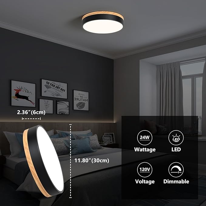 Modern Wood Oak Black Flush Mount Ceiling Light Dimmable LED Ceiling Light Fixture Minimalist Circle Close to Lighting Lamp for Kitchen Bathroom Bedroom Laundry Room, 11.8''