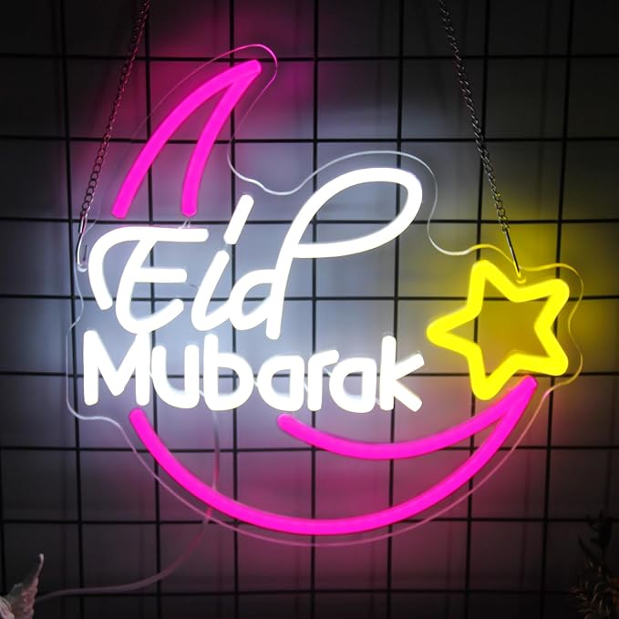Eid Mubarak Neon Sign Islamic LED Lights for Wall Mosque Eid Al Adha Decor | Eid Al Fitr Supply, Ramadan Mubarak Decoration, Dimmable Moon Star Neon Light, Muslim LED Sign, Acrylic Wall Art, USB Powered