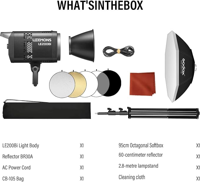 Godox Litemons LE200Bi LED Video Light Kit with Softbox Light Stand | CRI 98+, 2800K-6500K, 57700 Lux Output, DMX/App Control for Studios Ultra Quiet for Content Creation