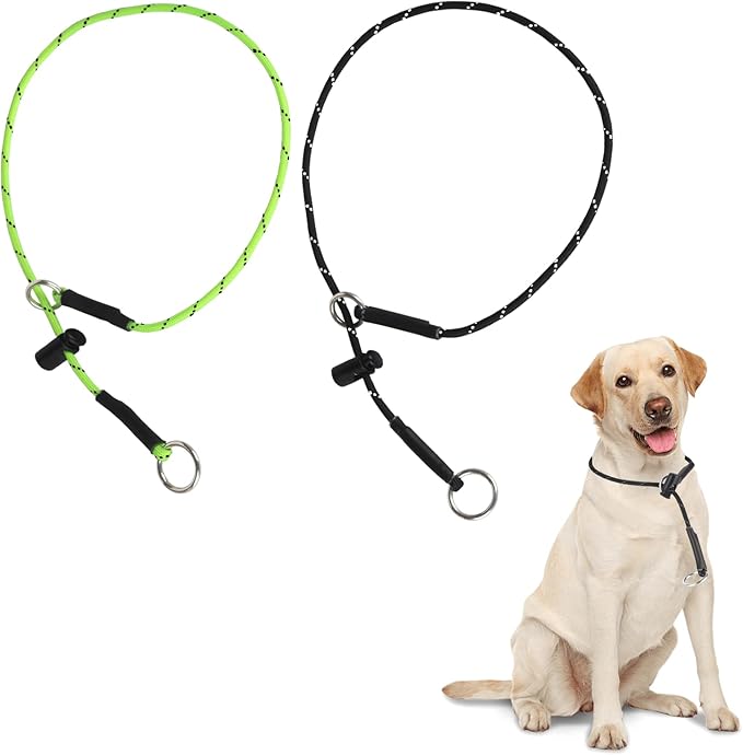22" Dog Slip Collar – 5/32" Paracord Rope Dog Collar with Spring-Loaded Stopper & Stainless Steel O-Ring, Reflective for Low-Light Visibility (Black & Neon Green)
