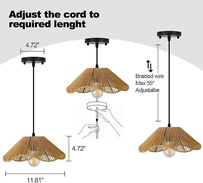 Hard Wired Rattan Pendant Lights Set of 2,Kitchen Island Pendant Lights with 12” Flower Shade,Boho Handwoven Paper Rope Rattan Ceiling Light for Living Room Dining Room Restaurant Foryer