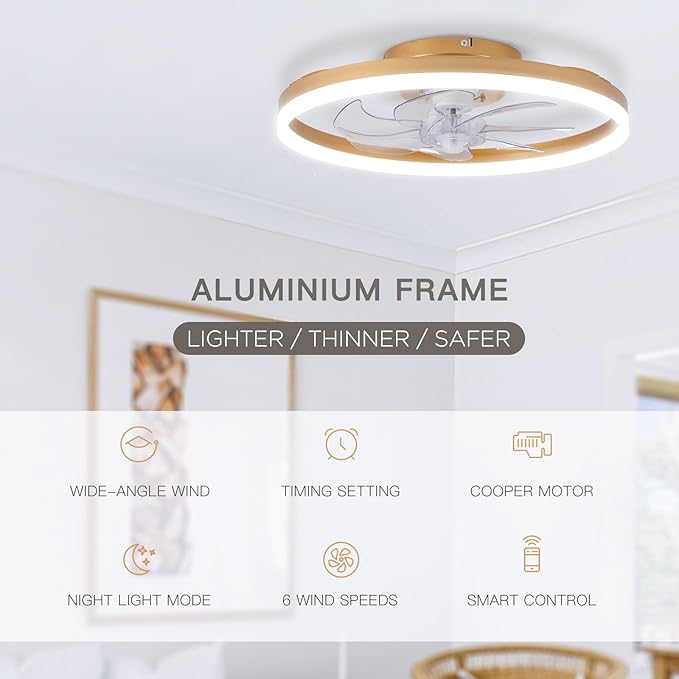 Modern Gold Ceiling Fans with Lights,20" Dimmable Flush Mount Low Profile Ceiling Fans with Remote Control,Indoor Smart Ceiling Fan with Light for Bedroom