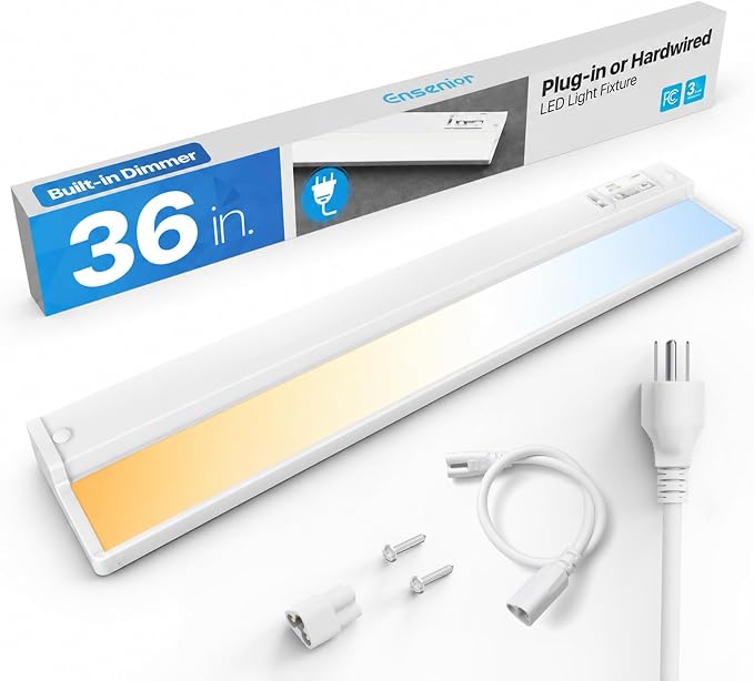 Ensenior Plug in or Hardwired Under Cabinet Lighting, 36 Inch 18W, 2 Pack | Heat-dissipating Aluminum, Built-in Switch & 4-Level Dimmer, 5 Colors, 2 Link Options, True-Color CRI90+, Moisture-Proof, FCC