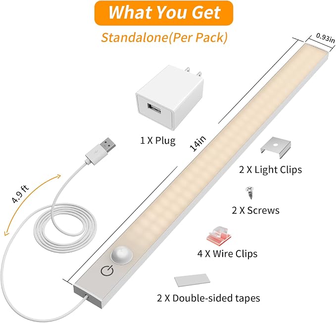 USB Plug-in Motion Sensor Light, Night/Day/ON Modes, Bright&Dimmable | 2-Row LED, 14" Under Cabinet Lighting Indoor for Kitchen, Cabinet, Closet - 3000K Warm White, 1-Bar
