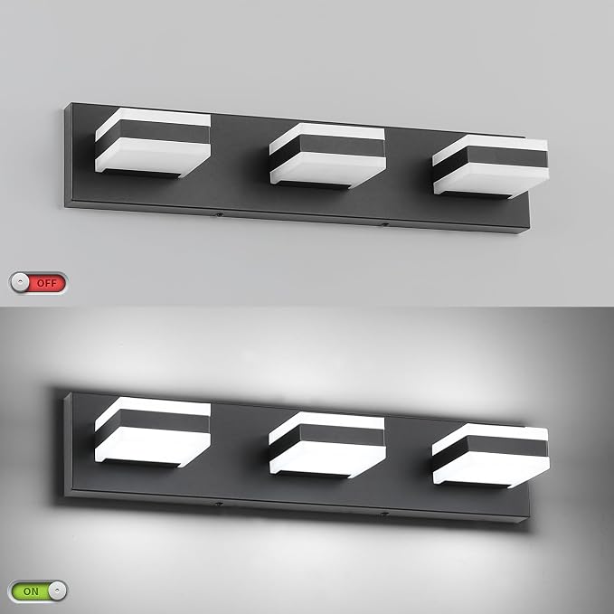 SOLFART LED Dimmable Black Vanity Light Over Mirror,3 Lights Bathroom Light Fixtures, Restroom Modern Vanity Lighting for Bathroom Cool Light 6000K