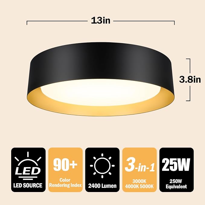 BrightHome Flush Mount Ceiling Light, 13in Modern Ceiling Light 3/4/5000K | 25W Bathroom Ceiling Light Fixture, Dimmable LED Flush Mount Light for Bedroom, Hallway, Entryway and Kitchen, Black & Gold