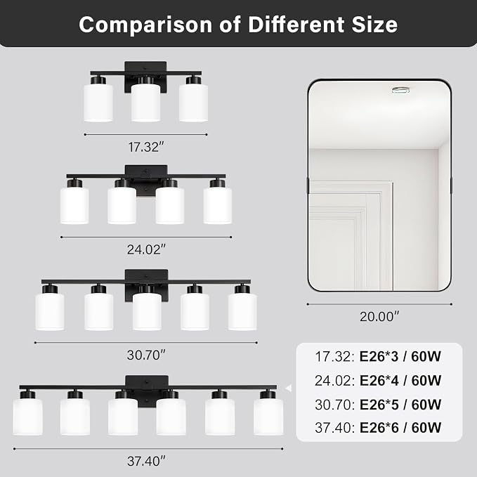 FonmYim Black Bathroom Light Fixtures Vanity Lights Over Mirror | Modern 6-Light lighting fixtures for bathroom with Milky White Frosted Glass Shades, E26 Socket (Bulbs Not Included)