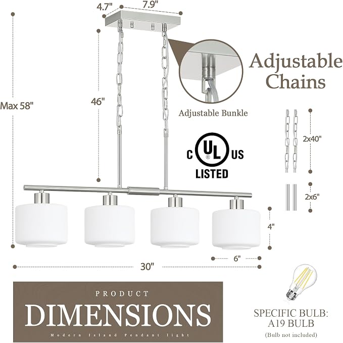 4-Light Brushed Nickel Kitchen Island Lighting, Modern Linear Dining Room Chandelier Light Fixtures with Milk Glass and Chain, Mid Century Hanging Lights for Kitchen Island, OS-YQ8153-4ISBNW