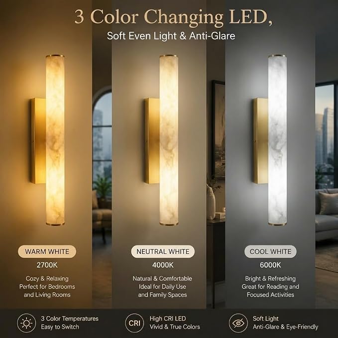 Alabaster Wall Sconces Set, 24in 3-Color Changing Spanish Natural Marble Wall Sconce, Hardwired Brass Gold LED Wall Fixture for Bathroom, Bedroom, Living Room, Hallway, Staircase (1 Pack)