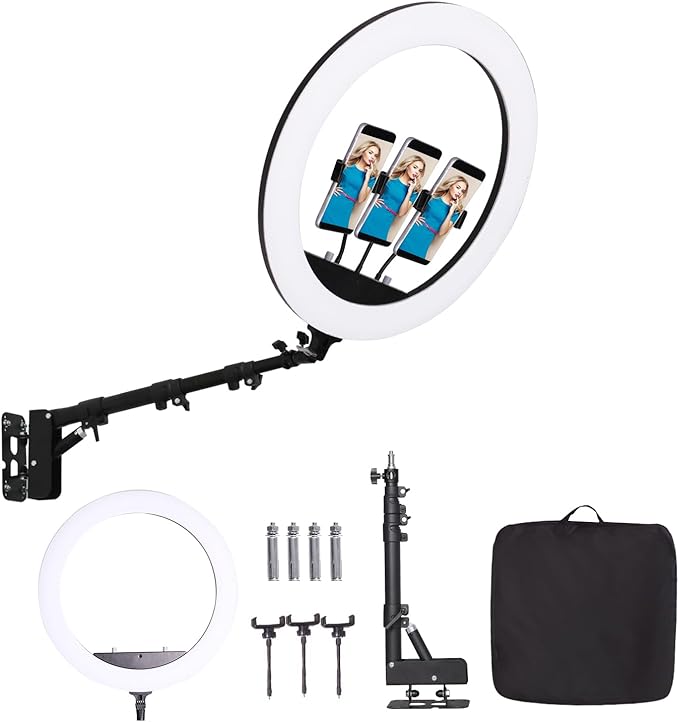 25 '' Ring Light Wall Mount with Phone Holder, Rotatable Triangle Boom Arm Overhead Light Stand for Photography Lighting Studio, Live Streaming, Salon, Barber Light, Beauty Tattoo Light