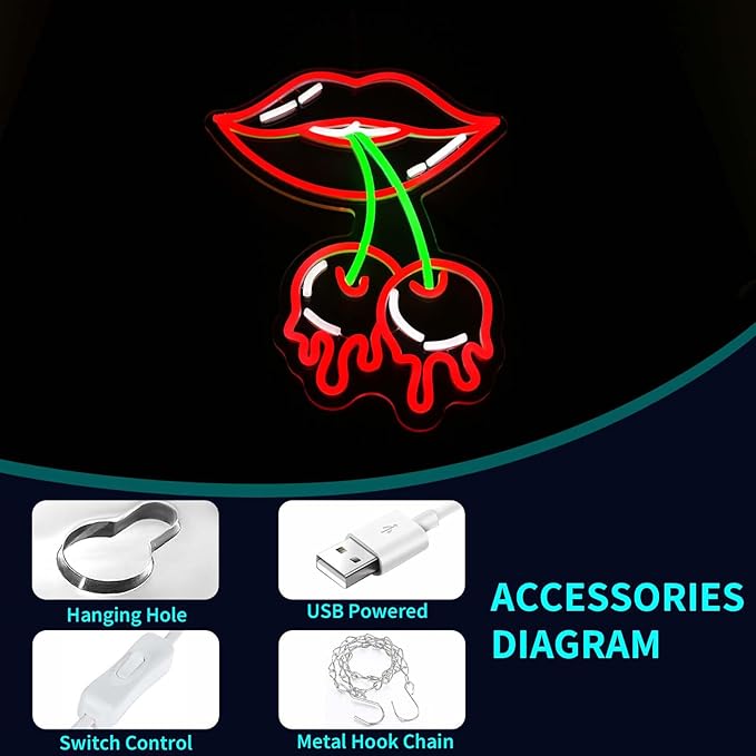 Cherry Lips Neon Sign, JGHTURIE Red Led Neon Signs for Wall Decor USB Powered Bar Lights Signs for Room Man Cave Party Art Decoration