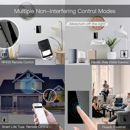 MOES Touch Wall Single Live Wire Smart Switch，No Neutral Wire Needed, 2.4GHz WiFi RF433 Light Switch Works with Smart Life/Tuya App, Alexa and Google Home, Single Pole 110V, Black 1 Gang