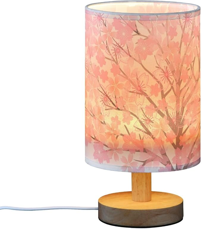 Table Lamp Pink Cherry Blossom Tree Spring Flower Nightstand Lamp with Wood Base Fabric Lamp Shade Bedside Desk Lamp for Living Room Bedroom Kids Room Office