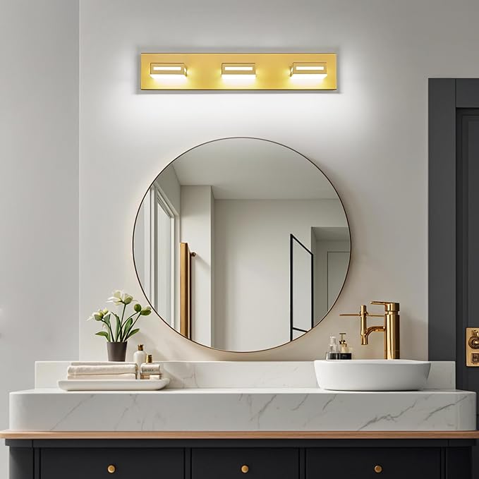 LED Modern Bathroom Light Fixtures, 3-Light 24-Inch Gold Vanity Lights for Bathroom Lighting Fixtures Over Mirror, 6000K Cool White 350° Rotatable Wall Lamp