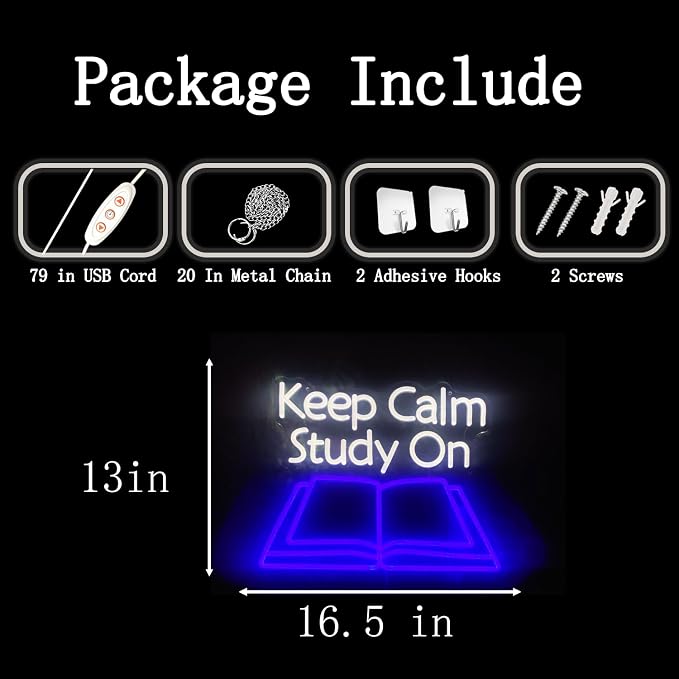 Keep Calm Study On Neon Sign LED Letter Lights Dimmable USB Powered Wall Decor for Classroom Library Reading Nook Student Room Decoration Gift (16.5x13in)