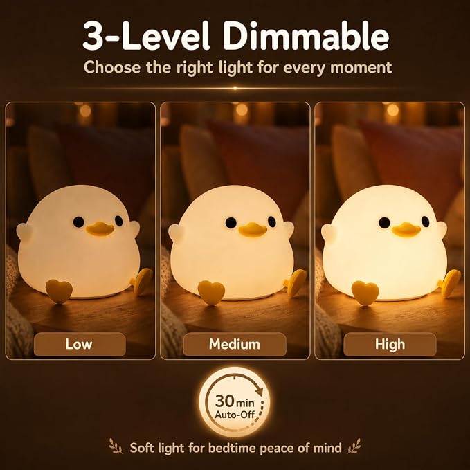 Ding Ding Duck Night Light, LED Squishy Novelty Animal Night Lamp, Food Grade Silicone 3 Level Dimmable Nursery Nightlight for Desk Decor, Funny Gifts Stuff for Boys Girls Baby, White Elephant Gifts