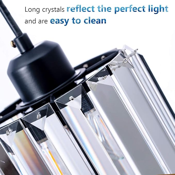 Modern Mini Crystal Pendant Light for Kitchen Island Counter Bar Dining Room Bedroom, Cylinder Crystal Pendant Lighting Fixture, Matte Black Finish