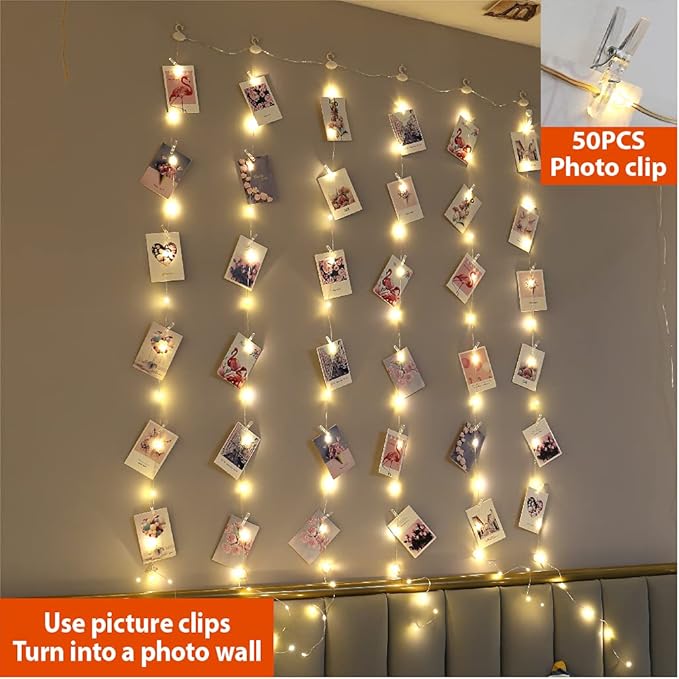 ZSJWL 3.3×5ft Short Curtain Lights with 8 Hook for Small Windows, 96 LED Warm White Photo Clips String Light with 52 Clear Clips, Remote Control 8 Modes USB Fairy Lights for Bedroom, Party, Wall