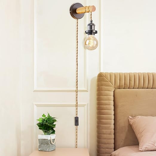 15.4ft Pendant Light Cord Kit, Industrial Vintage Plug in E26 Socket Hanging Light with Switch, Hemp Rope Hanging Light Fixture for Pendant Lamp Farmhouse Lamp Cable DIY