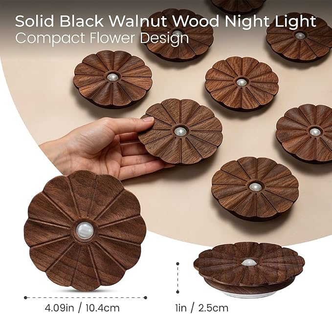Motion Sensor Night Light Indoor, Rechargeable Wooden Flower Lamp | Black Walnut Carved Fflower Sensor Light, USB-C Rechargeable, Magnetic Mount, Warm Light for Bathroom, Hallway, Home Decor