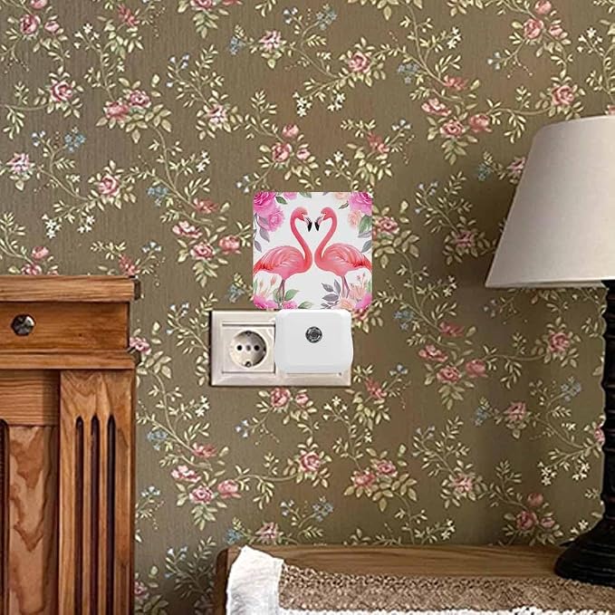 Flamingo Night Lights Plug into Wall Pink Floral Print Night Light with Dusk to Dawn Sensor for Home Bedroom Bathroom Living Room 0.5W Sleep-Friendly