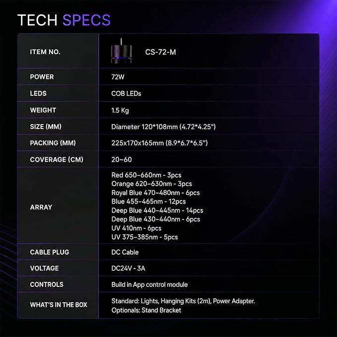 FZONE AXON 72W Reef Light, Saltwater Light with APP-Controlled 8-Channel and Master-Slave Group Control, Aquarium Marine led Light for SPS & LPS Corals, Marine Tanks, Fish Tank(Hanging Kit)