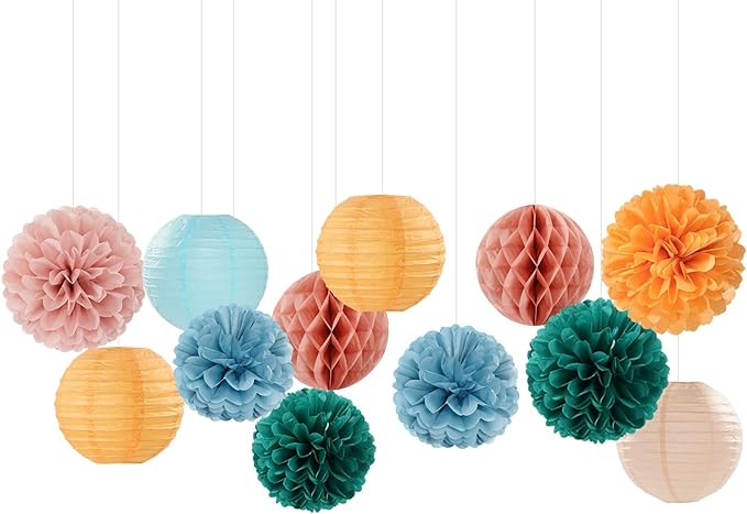 Dusty-Blue Orange Teal Party-Decorations Paper-Flowers - 15pcs Fall Rose Gold Blush Pink Birthday Baby Bridal Shower Tissue Pom Poms Lanterns Streamers,Wedding Bachelorette Hanging Supplies Hugfond