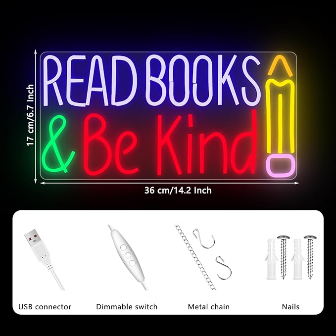 Read Books and Be Kind Neon Sign, Neon Signs for Wall Decor, Dimmable Led Signs for Bedroom, Light Up Signs for Reading Room Classroom Book Party Library Decoration Bookish Decor Gifts