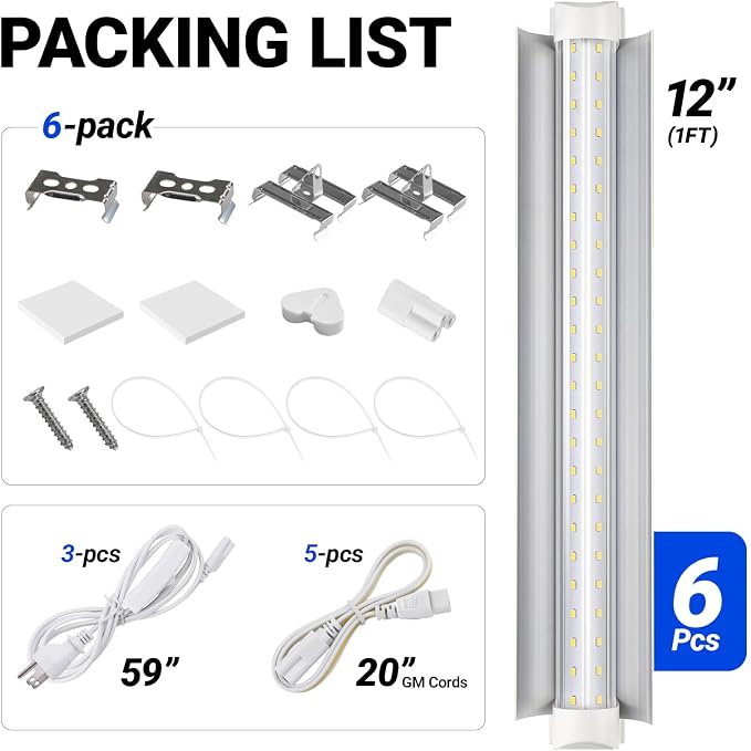 Barrina T8 1FT Grow Light, 5000K Full Spectrum LED Grow Light Strip, 6 Pack | 90W(6x15W), Linkable, High PPFD, V-shaped Reflector, Hanging Plant Growing Lamp for Seed Starting, Greenhouse, Indoor Plants