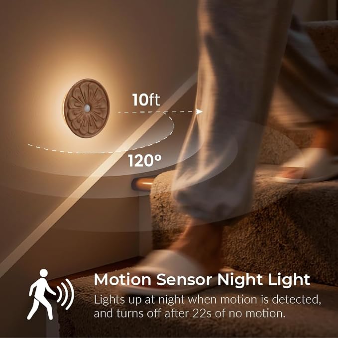 Flower Motion Sensor Night Light, Rechargeable Wooden Lamp | Ash Wood, 3000K Warm White, Backlight Glow, Rechargeable Battery, Magnetic Mount, Sensor Flower Light for Hallway, Bedroom