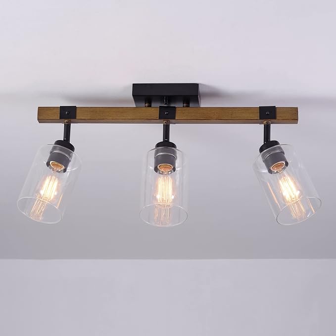 Globe Electric Austin 3-Light Faux Wood Track Lighting with Matte Black Accents and Clear Glass Shades