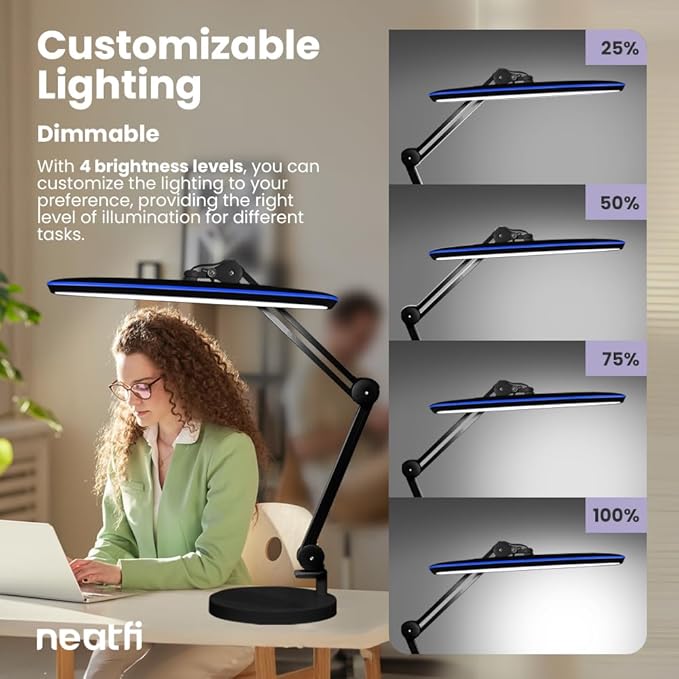 Neatfi XL 24W LED Desk Lamp with Base – 2,200 Lumens | 23” Wide Shade | Dimmable Eye-Caring Task Light | Adjustable Arm | Office, Study, Crafting & Nail Techs (Non-CCT with Base, Black)