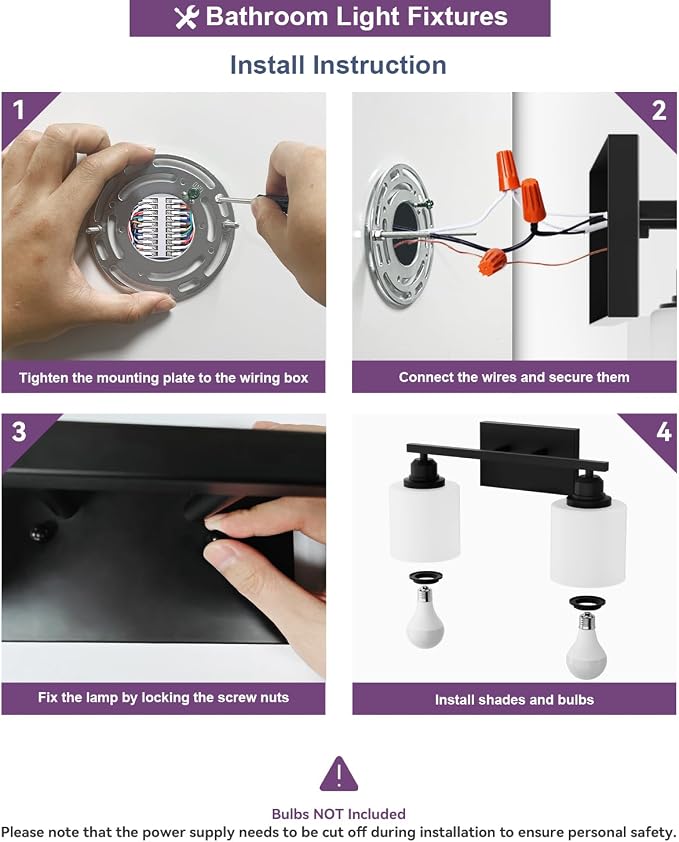 Modern Bathroom Lights - 2-Light Vanity Fixtures with Milky White Glass Shades, Anti-Rust Matte Black Finish, E26 Base