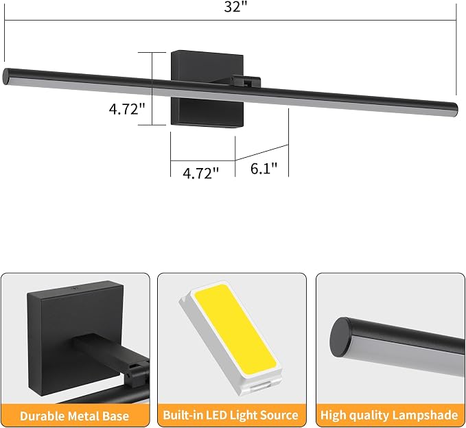 LED Bathroom Vanity Light, Modern Bathroom Light Fixture Over Mirror (Cool White 6000K), Vanity Light Bar with Angle Adjustable, 32 Inch, Black