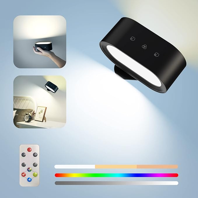 Wall Lights, Battery Operated Wall Sconces RGB Ambient Lighting, Color Changing Rechargeable Wall Lamp Fixture with 3 Color Temps, Dimmable LED Lights for Bedroom Reading