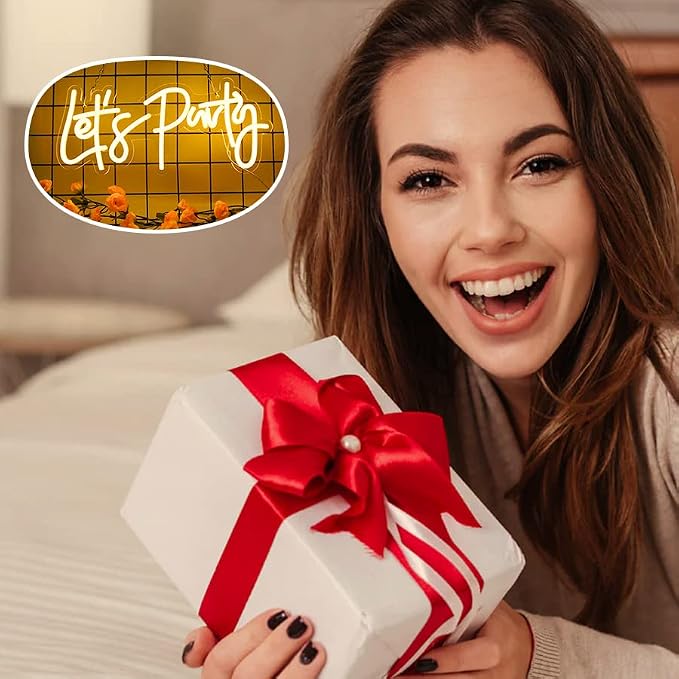 Let's Party Neon Sign, USB Powered Led Light for Birthday Party Bar Decor | for Pub Prom Wedding Festival Events Graduation Decorations, Dimmable, Portable, Easy Hanging Install, 15.7in, Warm White