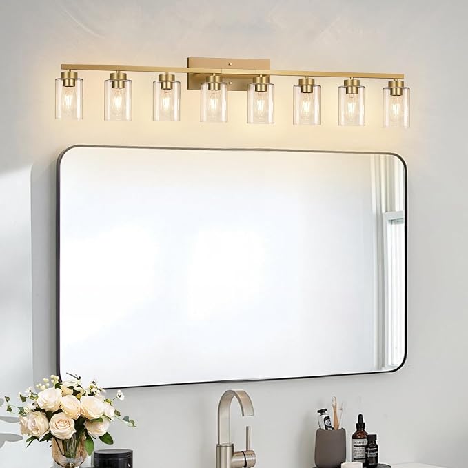 IZORRO Modern Bathroom Light Fixtures, 8 Light Gold Vanity Lights, Bathroom Lighting Fixtures Over Mirror with Clear Glass for Living Room Cabinet Bedroom