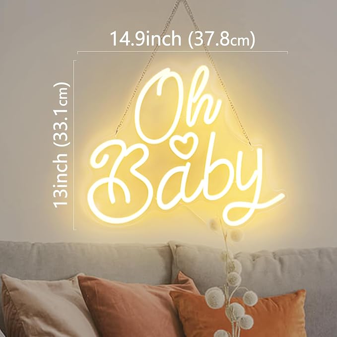 Oh Baby Neon Sign for Wall Decor, Baby Shower Neon Sign with Dimmer, Warm White Led Light for Bedroom Decor, Wall Decoration USB Powered with Switch, Gift for Mother(14.9inchs*13inchs)