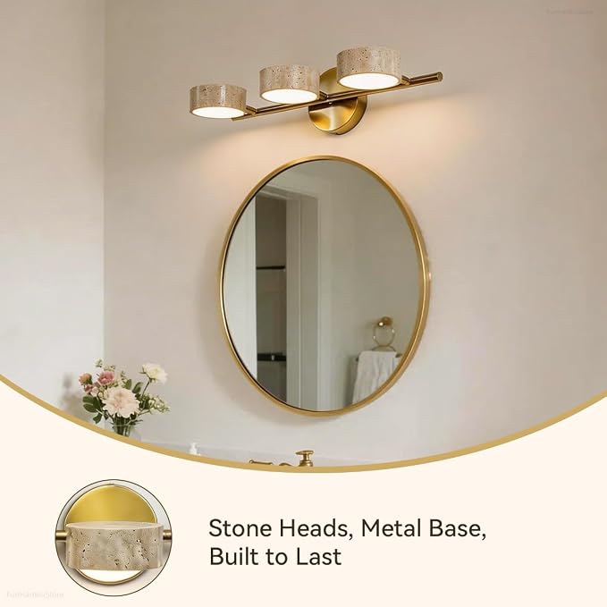 Led Bathroom Lighting Fixtures Over Mirror with 3 Travertine Shades,Vanity Lights Wall Lamp, 180° Rotatable Stone Lampshades Bathroom Lights, Modern Farmhouse Stone Sconces Gold