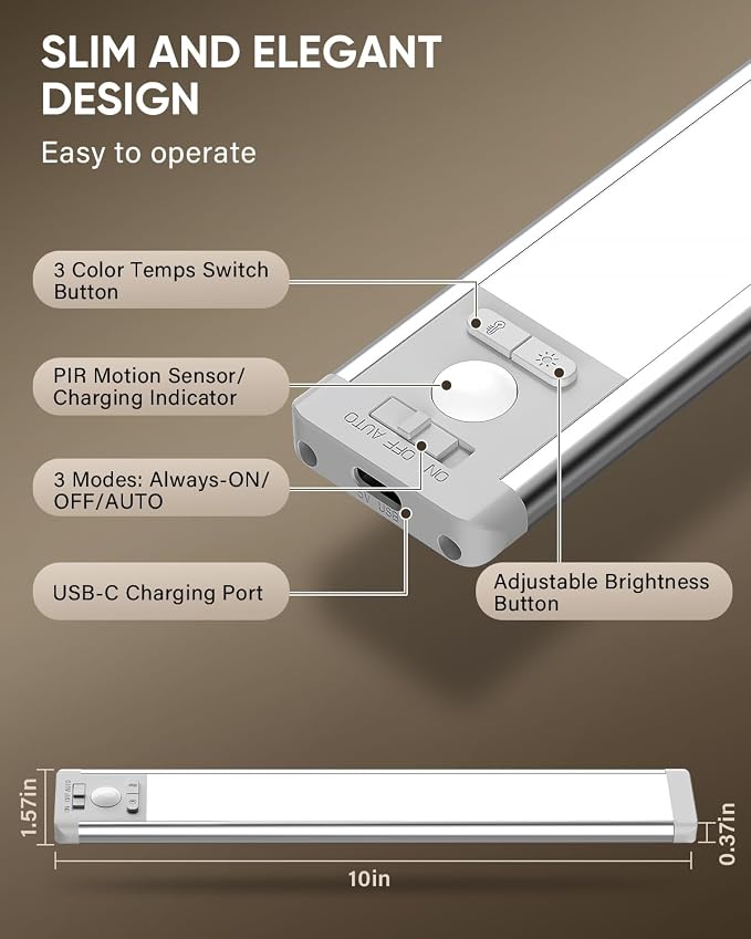 MCGOR 5 Pack 10inch Under Cabinet Lighting, Rechargeable Motion Sensor Light Indoor with 3 Color Temps, Dimmable Magnetic Led Closet Lights, Wireless Under Counter Lights for Kitchen, Stairs