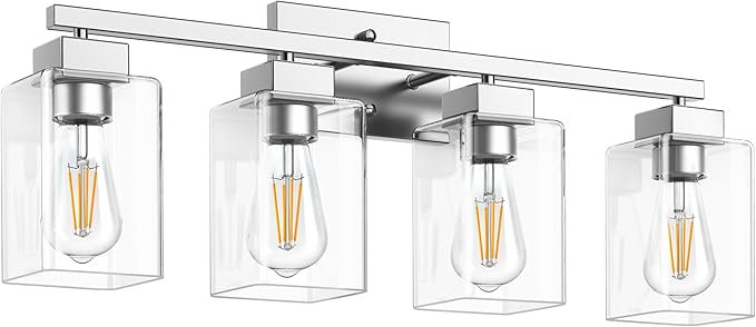 4-Light Bathroom Light Fixtures, Brushed Nickel Modern Vanity Lights, Bathroom Lighting Fixtures Over Mirror, Square Design Farmhouse Wall Sconces with Clear Glass Shades