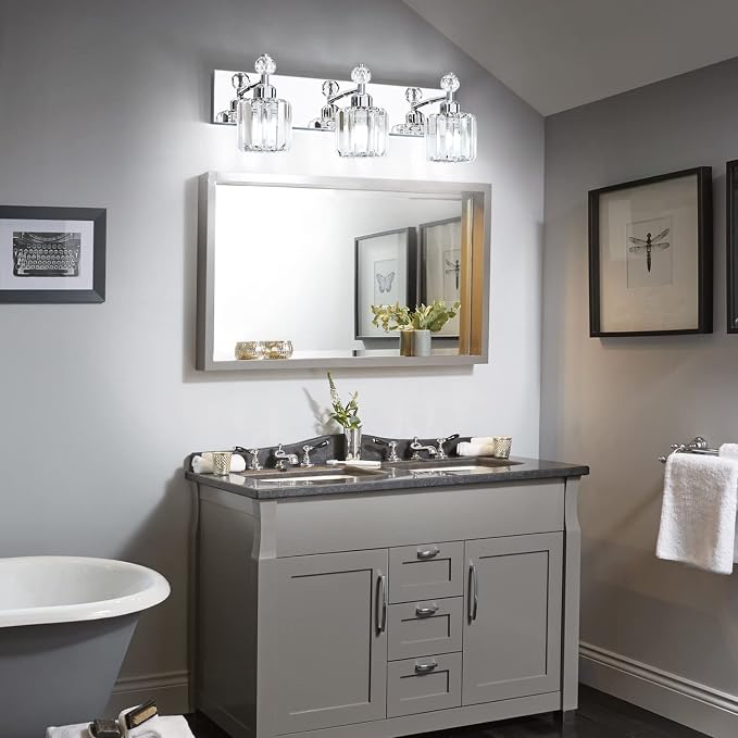 PRESDE 3-Light Crystal Bathroom Vanity Light, Chrom ModernBathroom Lights Fixtures Over Mirror Wall Lamp for Bathroom Bedroom Hallway