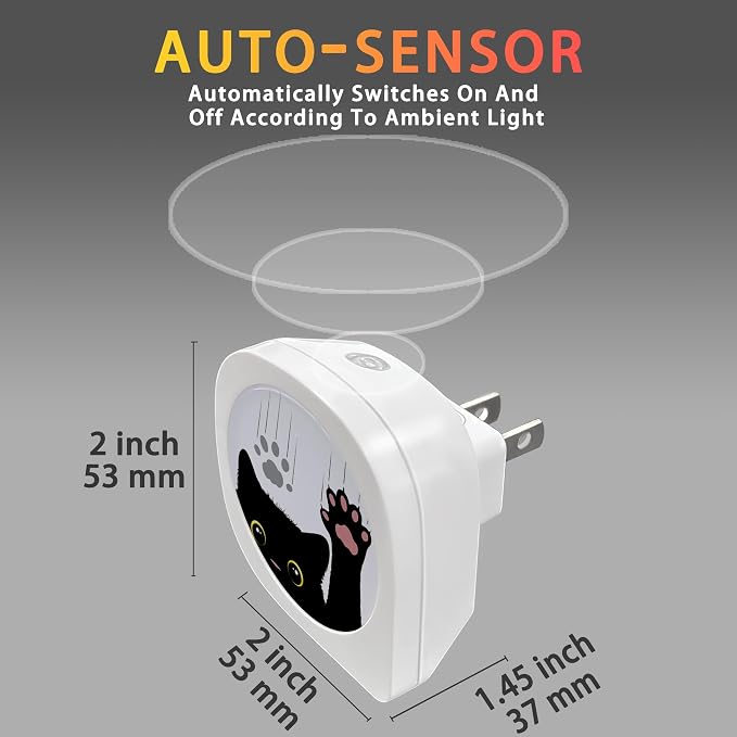 Black Cat Night Light, Cute Funny Cat Dusk to Dawn Round Lamp Auto Sensor for Bathroom Hallway Living Room, ZLU03064