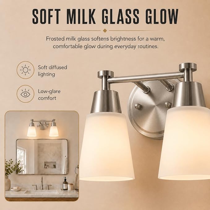 2-Light Bathroom Vanity Light, Brushed Nickel Finish with Milk Glass Shades, Over Mirror, for Bathroom Vanity