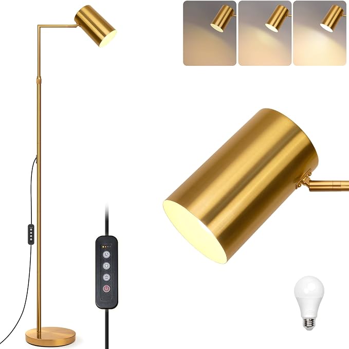 Ldeco Tree Floor Lamp for Living Room,Modern Gold Standing Tall Pole Lamps for Bedroom Office,Vintage 9W LED Bulb Included,Stepless Dimmable&Height Adjustable Arc Floor Lamp with Timer(Gold-DM)