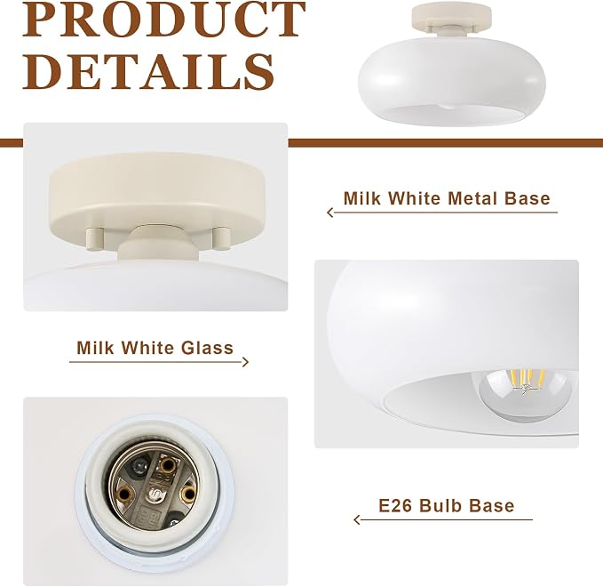 WOKNOS Mid-Century Modern Cream White Semi Flush Ceiling Light 11.0 Inch | Small Glass Shade Close to Ceiling Lighting Fixture Kitchen Entryway Hallway Bathroom Closet Bedroom Laundry Room